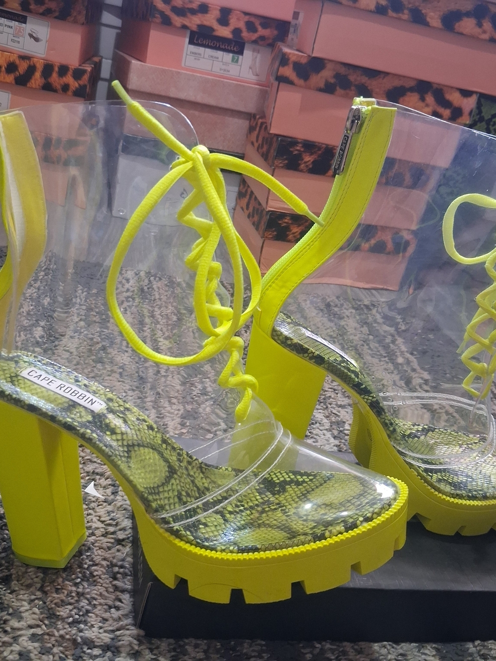 Cape Robbin Neon Yellow Snake-Print Clear Platform Lace-Up Heels